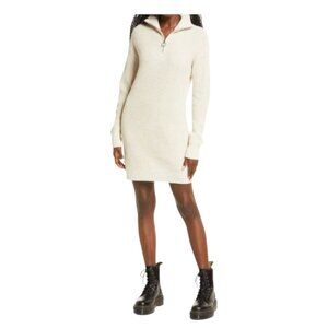 BP. Sporty Quarter Zip Long Sleeve Sweater Dress in Cream Neutral Women's Small